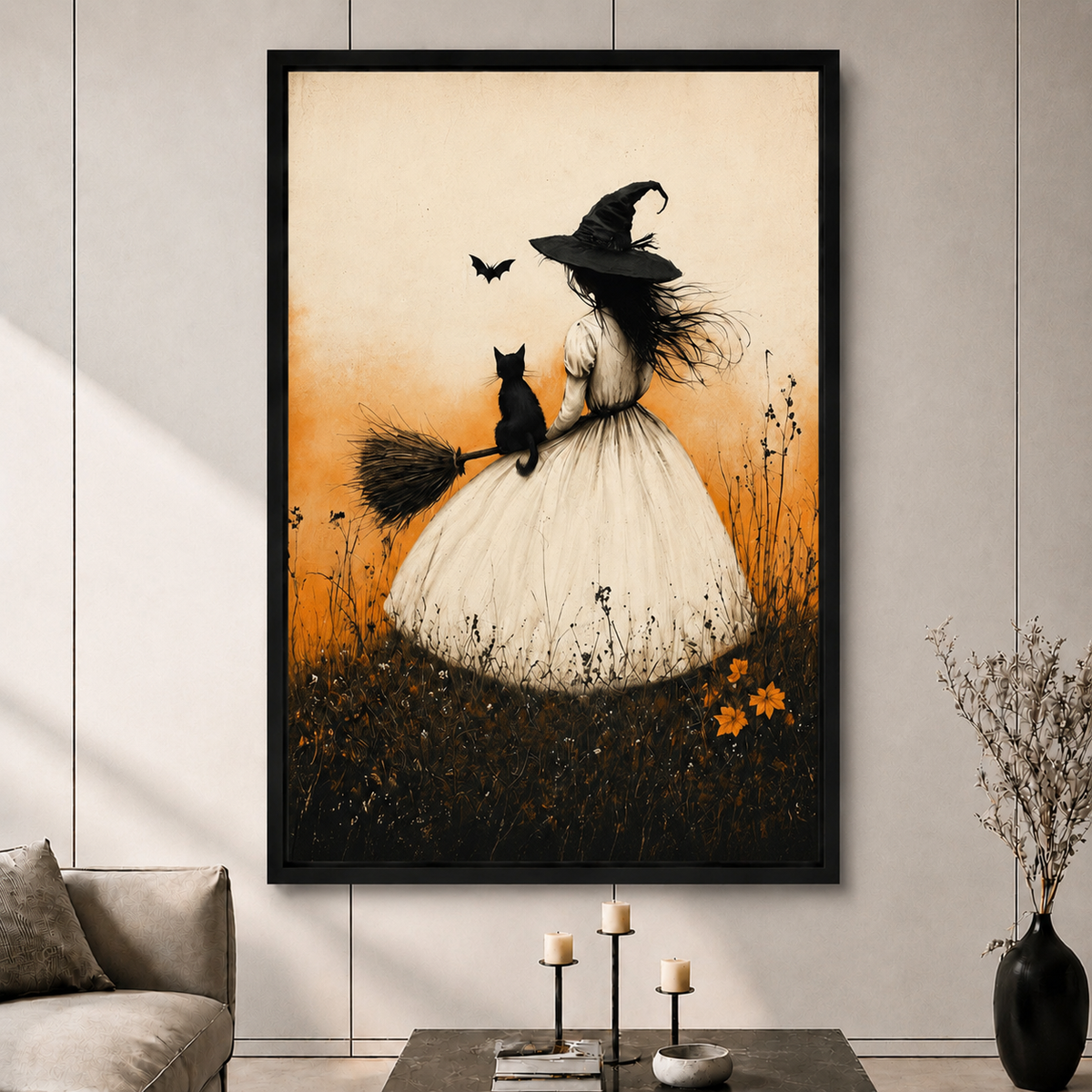 Vintage Witch Black Cat Broom Canvas Art