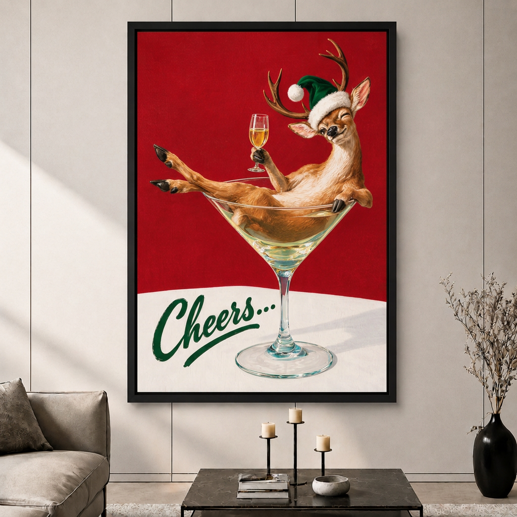 Christmas Reindeer Martini Cheers Canvas Art
