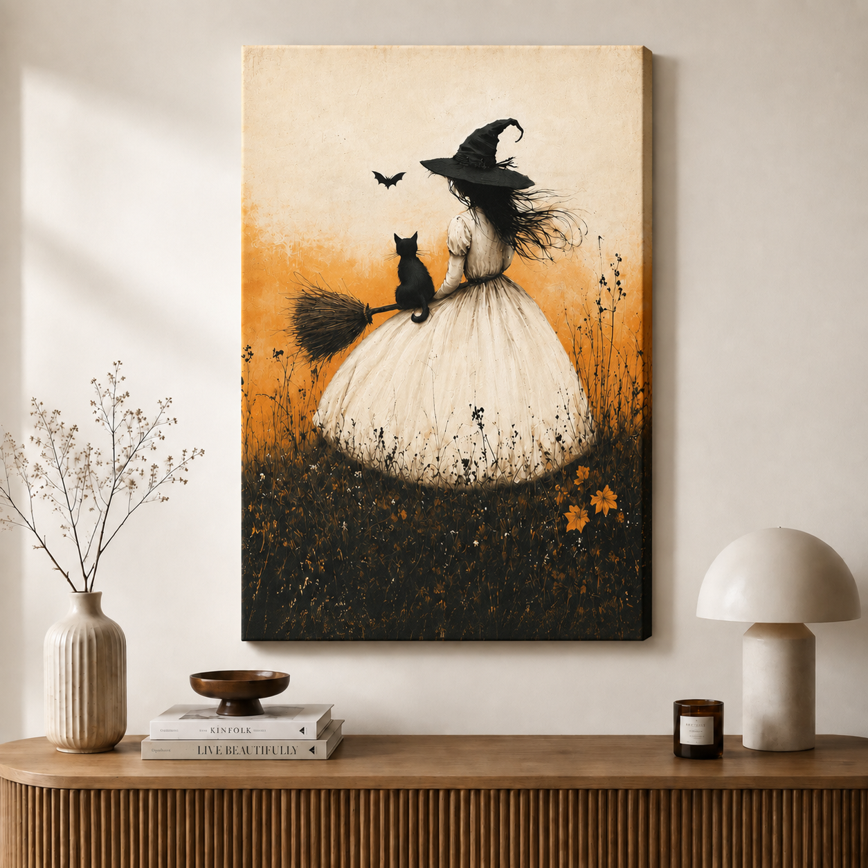 Vintage Witch Black Cat Broom Canvas Art