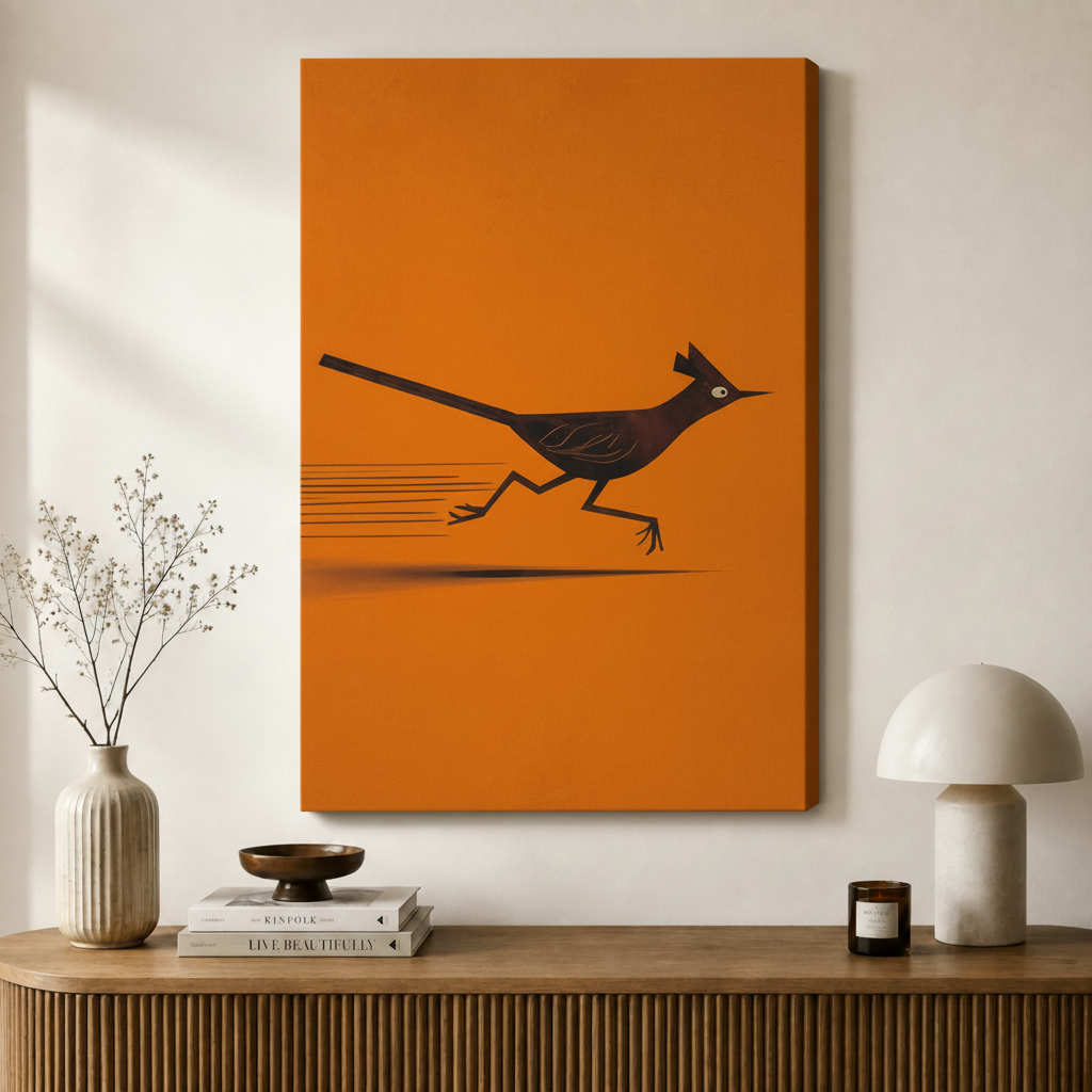 Minimalist Roadrunner Bird Orange Canvas Wall Art