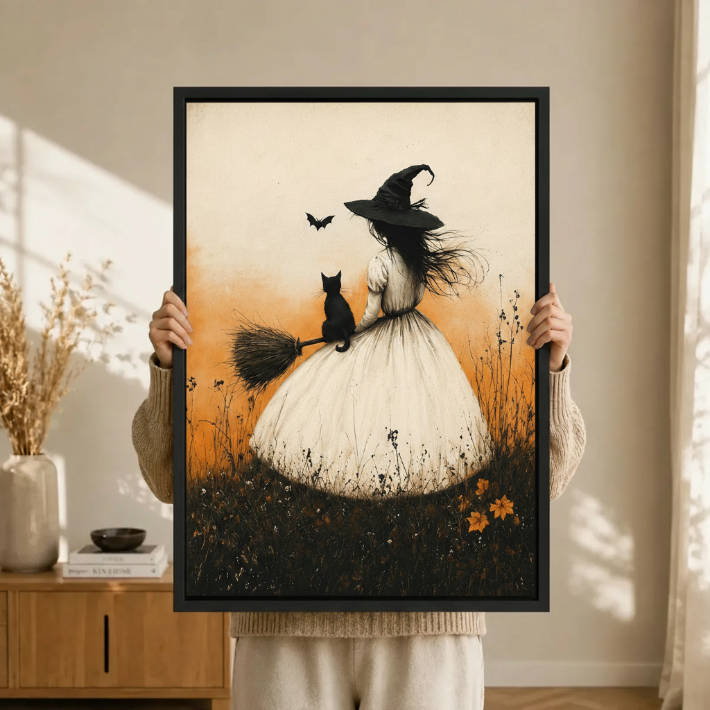 Vintage Witch Black Cat Broom Canvas Art