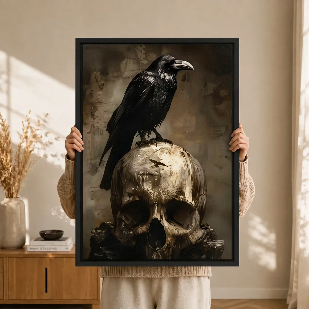 Gothic Raven Skull Dark Art Canvas Print