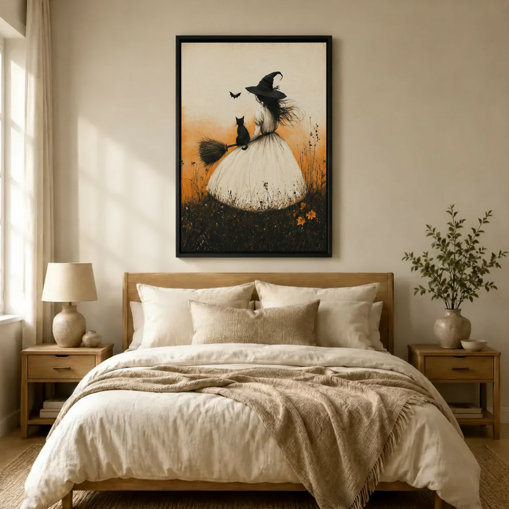 Vintage Witch Black Cat Broom Canvas Art