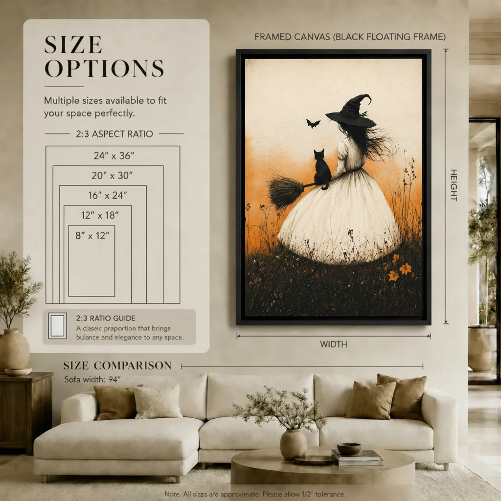 Vintage Witch Black Cat Broom Canvas Art