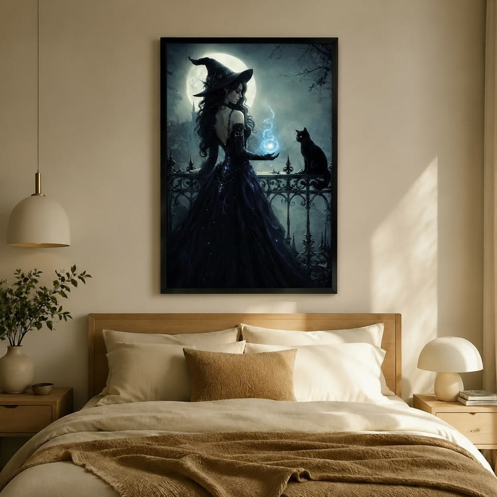 Moonlit Witch Black Cat Magic Canvas Wall Art
