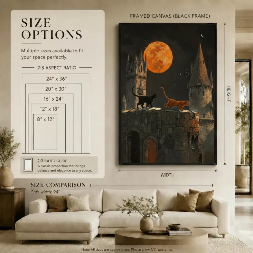 Gothic Castle Two Cats Full Moon Canvas Art Print