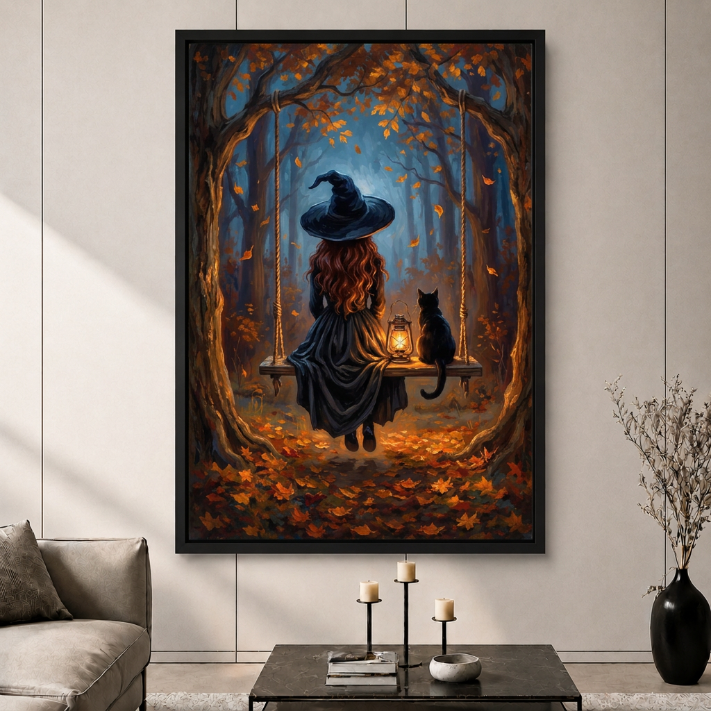 Autumn Witch Forest Swing Black Cat Canvas Art