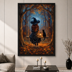 Autumn Witch Forest Swing Black Cat Canvas Art