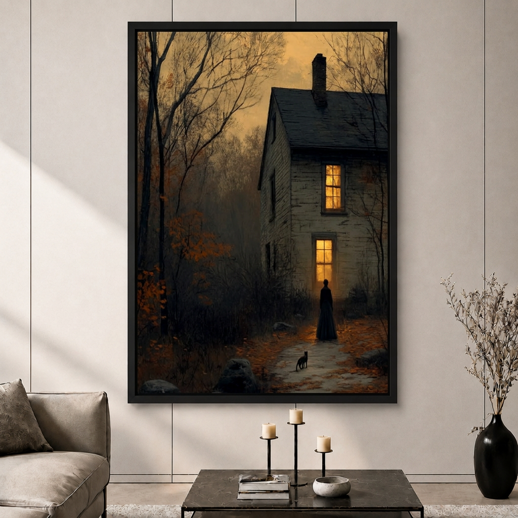Dark Autumn Cottage Woman Moody Canvas Art