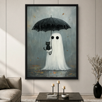 Whimsical Ghost Black Cat Rain Canvas Wall Art