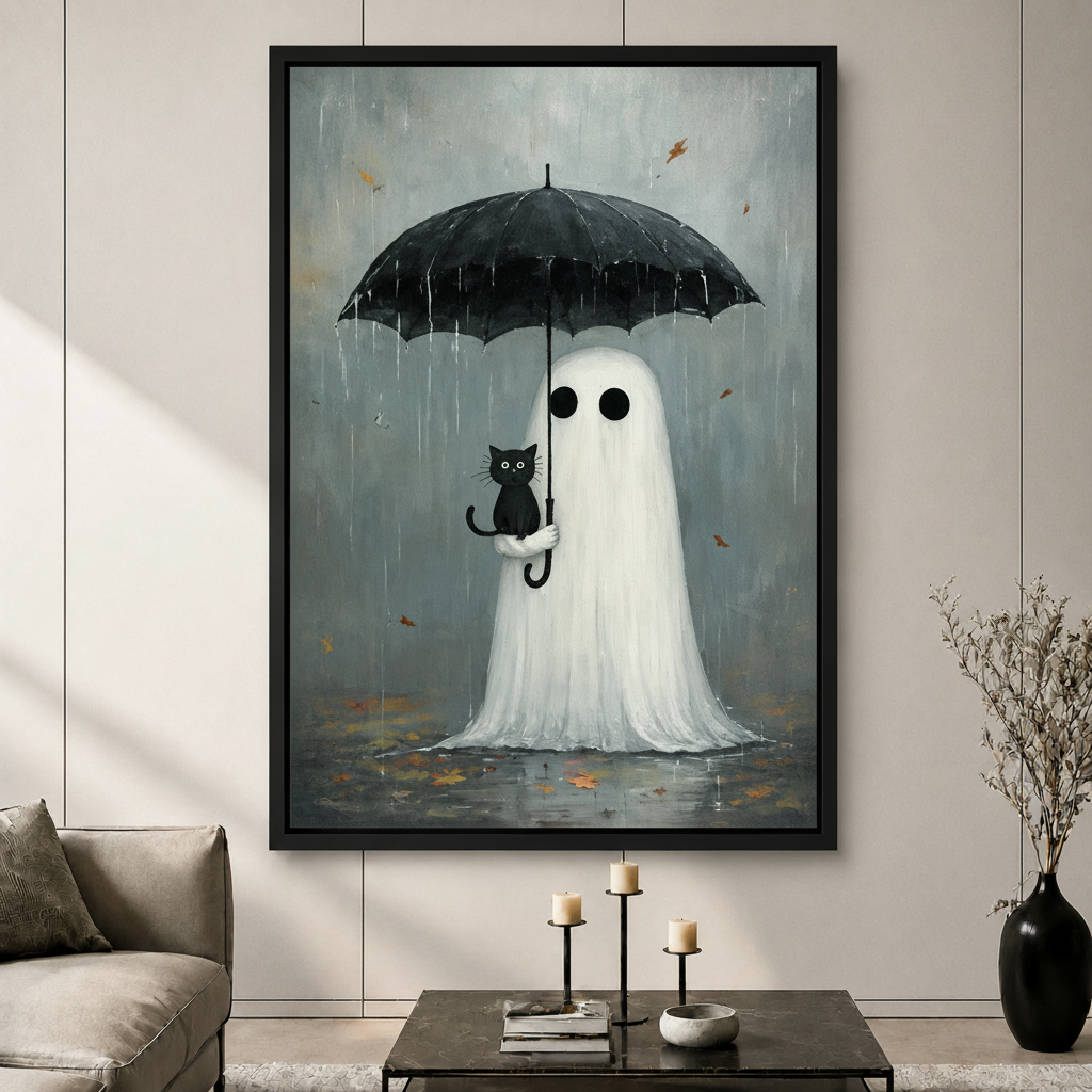 Whimsical Ghost Black Cat Rain Canvas Wall Art