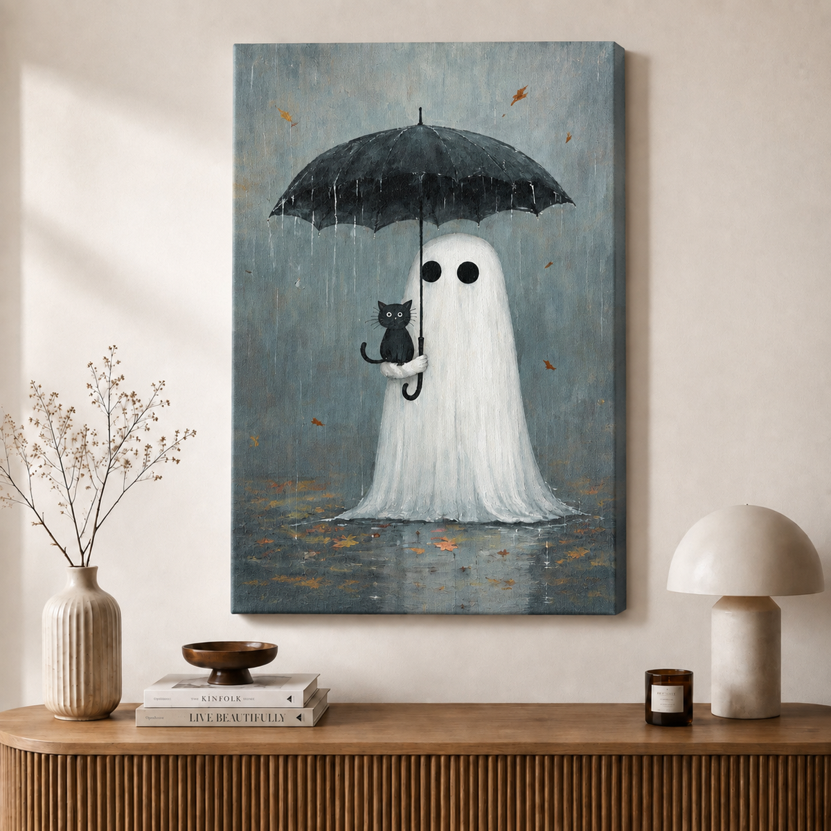 Whimsical Ghost Black Cat Rain Canvas Wall Art