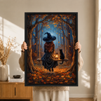 Autumn Witch Forest Swing Black Cat Canvas Art