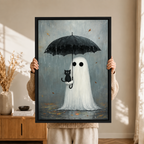 Whimsical Ghost Black Cat Rain Canvas Wall Art