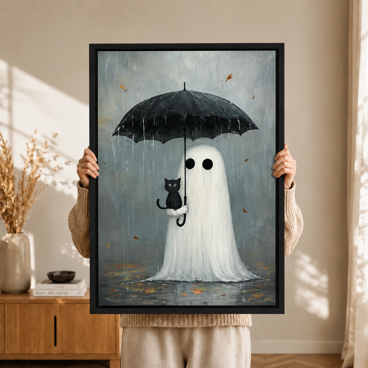 Whimsical Ghost Black Cat Rain Canvas Wall Art