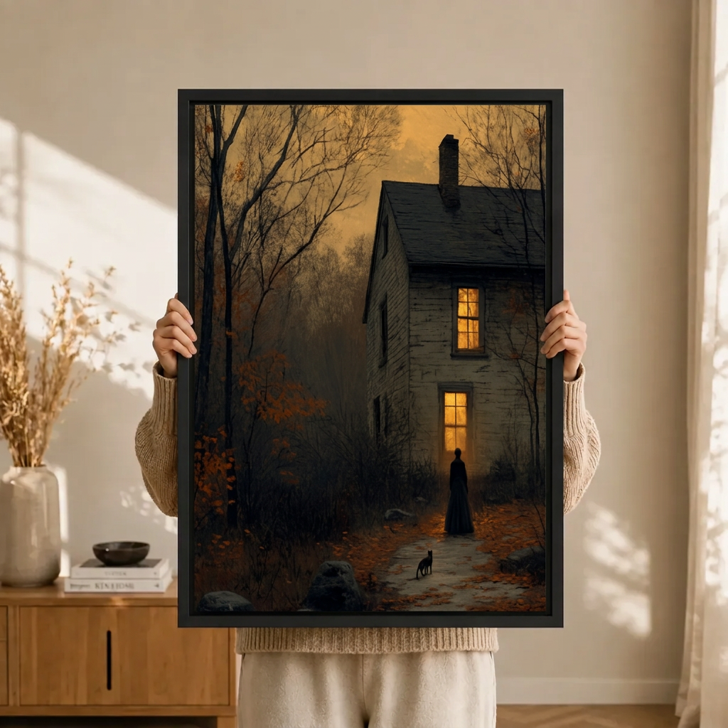 Dark Autumn Cottage Woman Moody Canvas Art