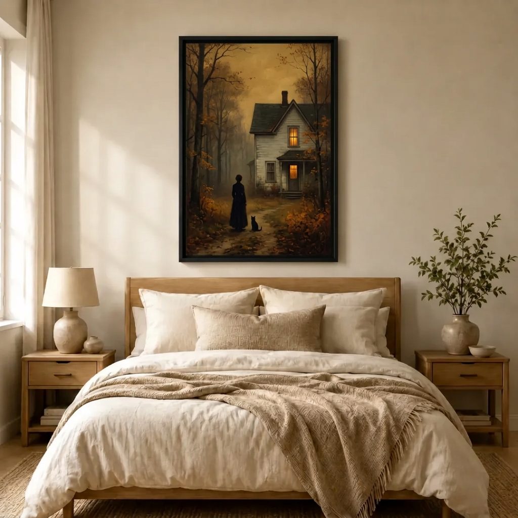 Dark Autumn Cottage Woman Moody Canvas Art