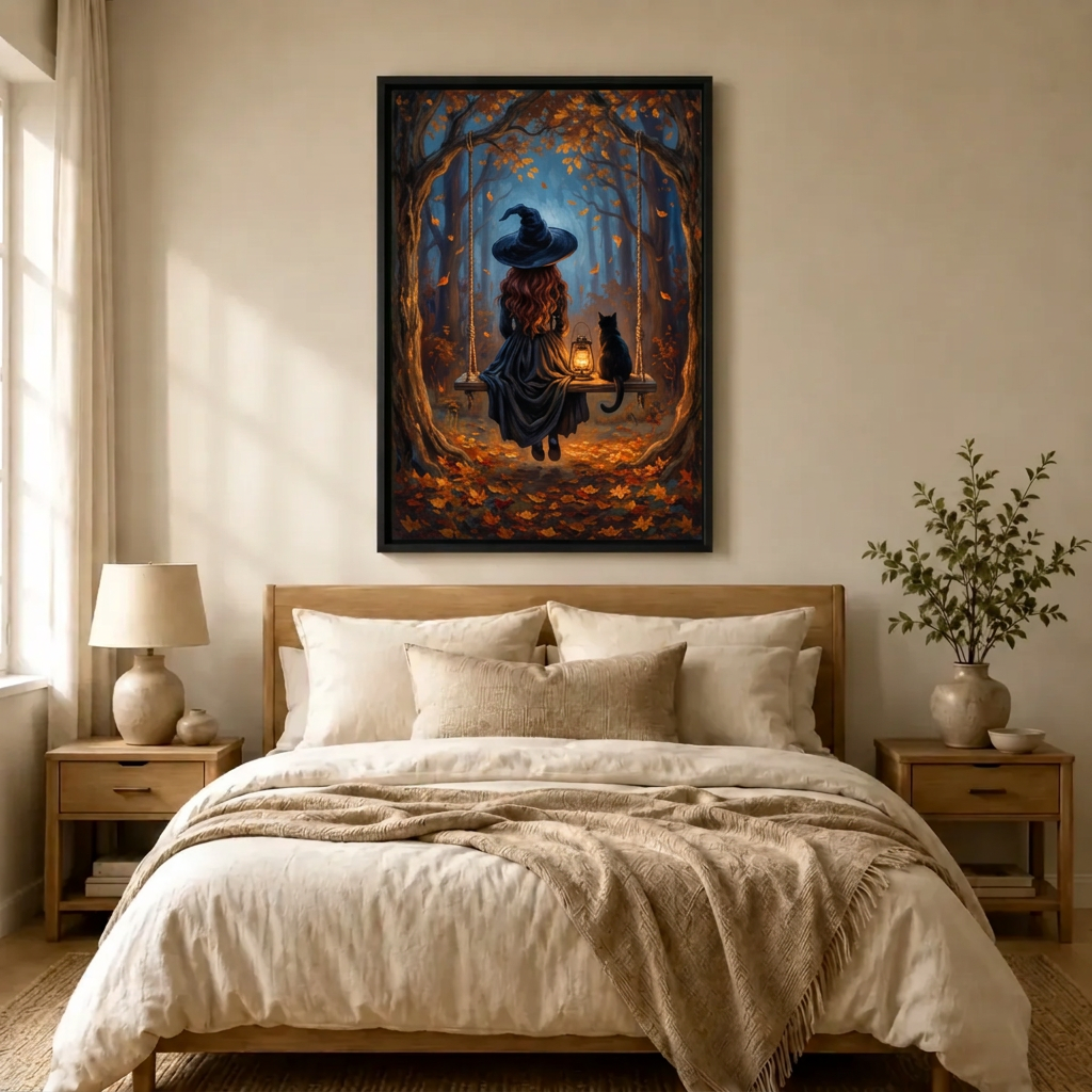 Autumn Witch Forest Swing Black Cat Canvas Art