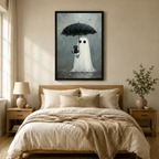 Whimsical Ghost Black Cat Rain Canvas Wall Art