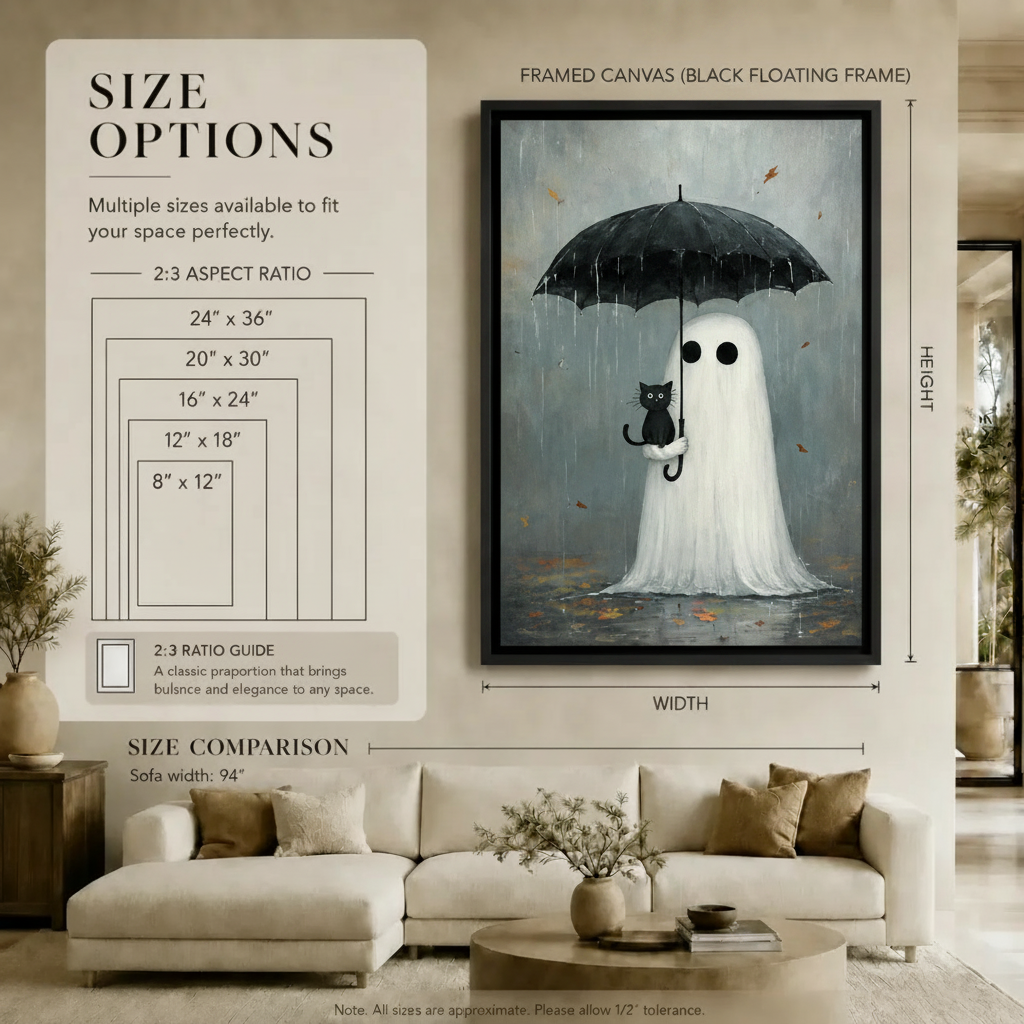 Whimsical Ghost Black Cat Rain Canvas Wall Art