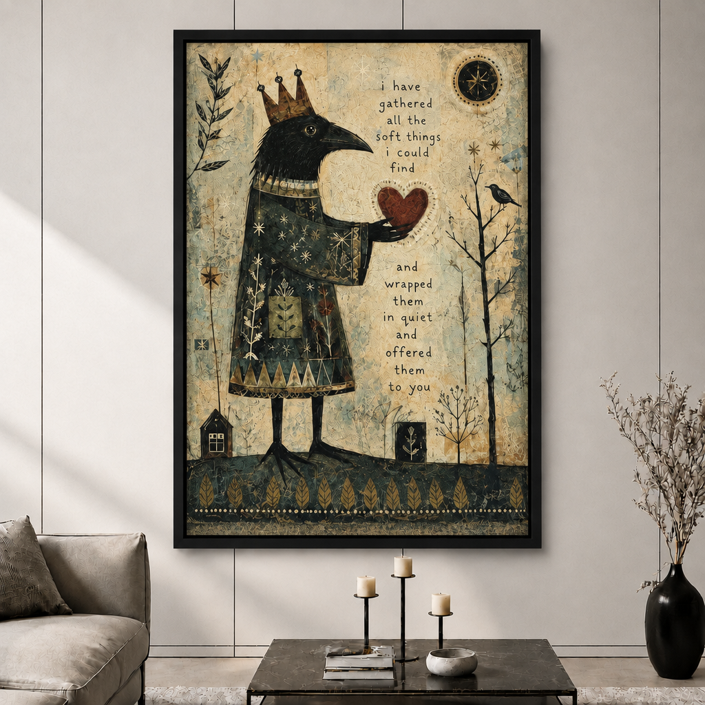 Folk Art Crown Raven Heart Canvas Wall Art