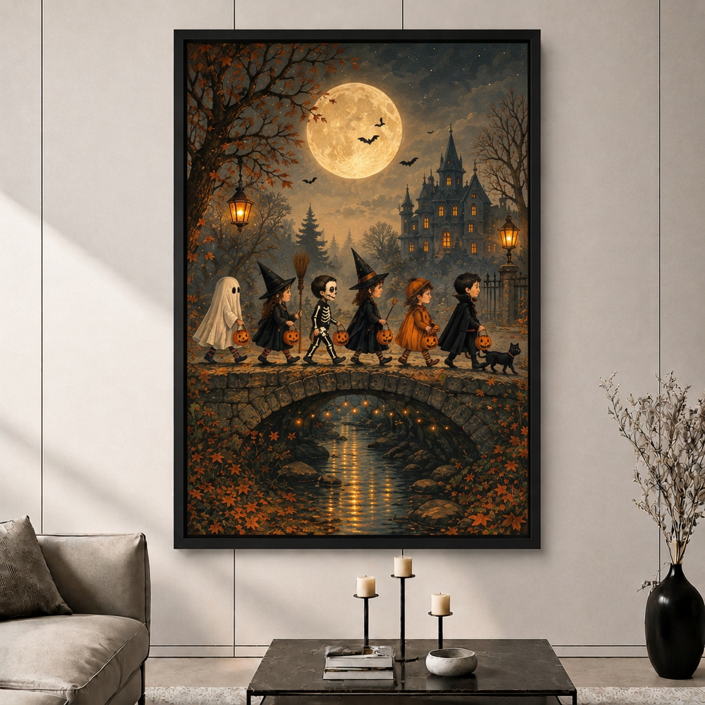 Gothic Halloween Moonlit Bridge Kids Canvas Art