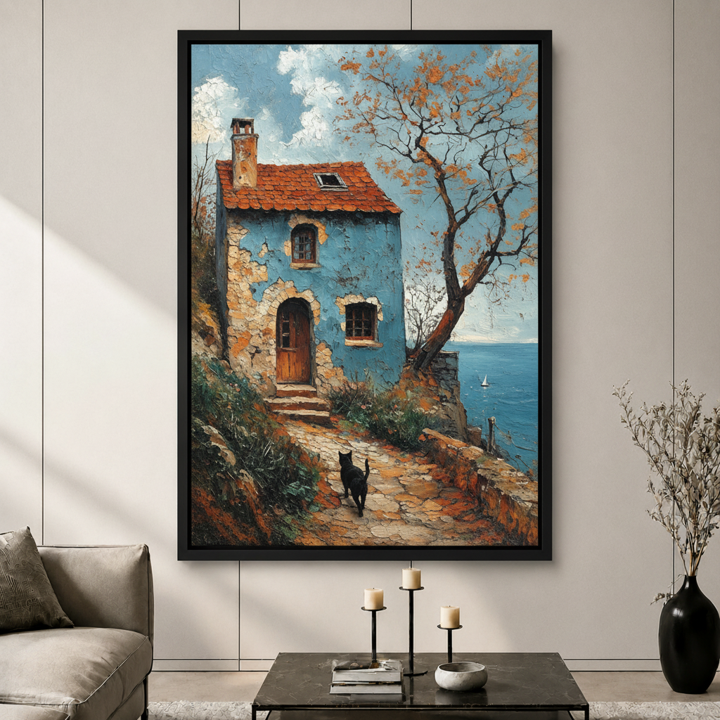 Mediterranean Cottage Black Cat Canvas Art