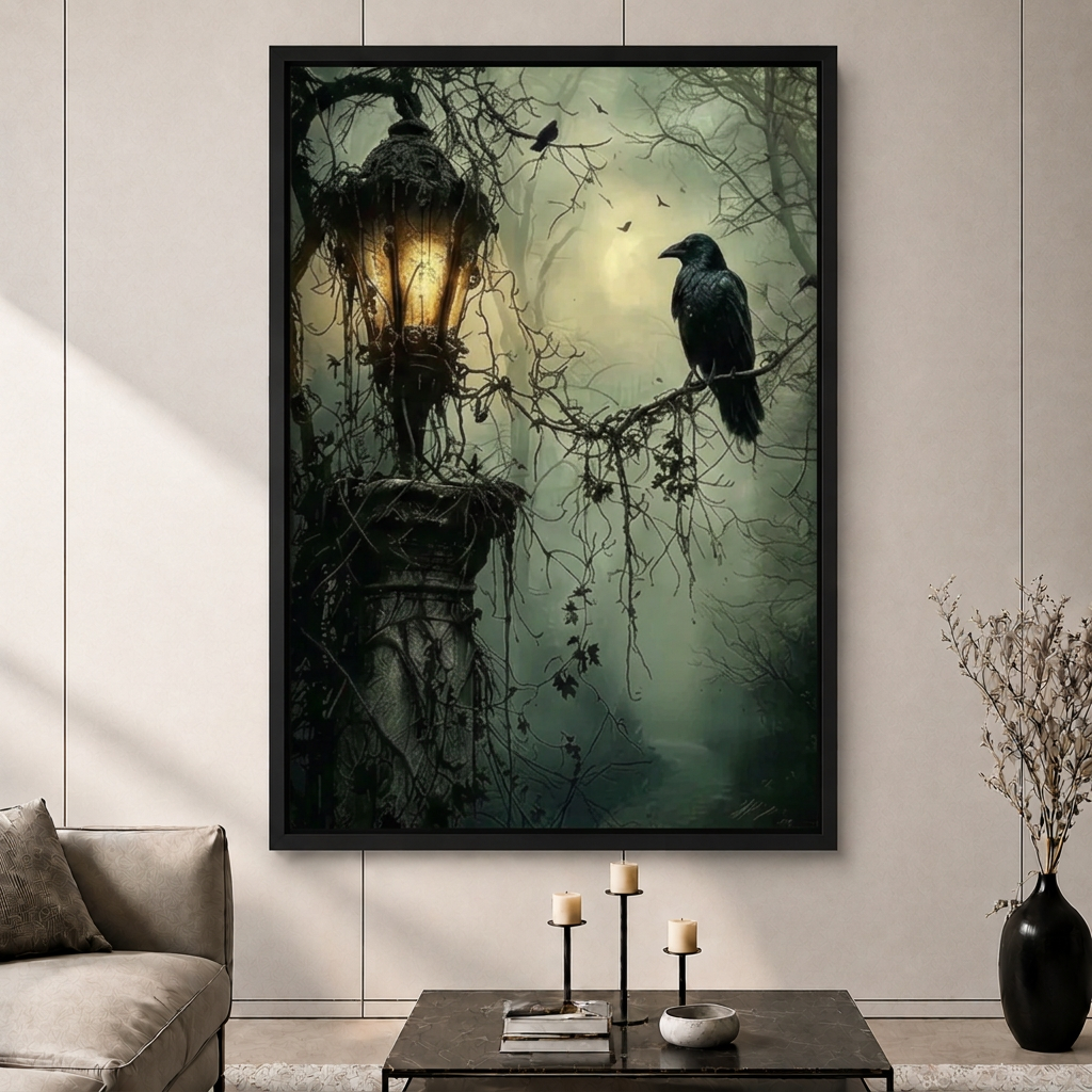 Gothic Raven Lantern Misty Forest Canvas Print