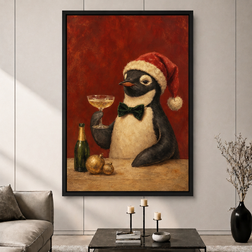 Christmas Penguin Champagne Vintage Oil Canvas Art