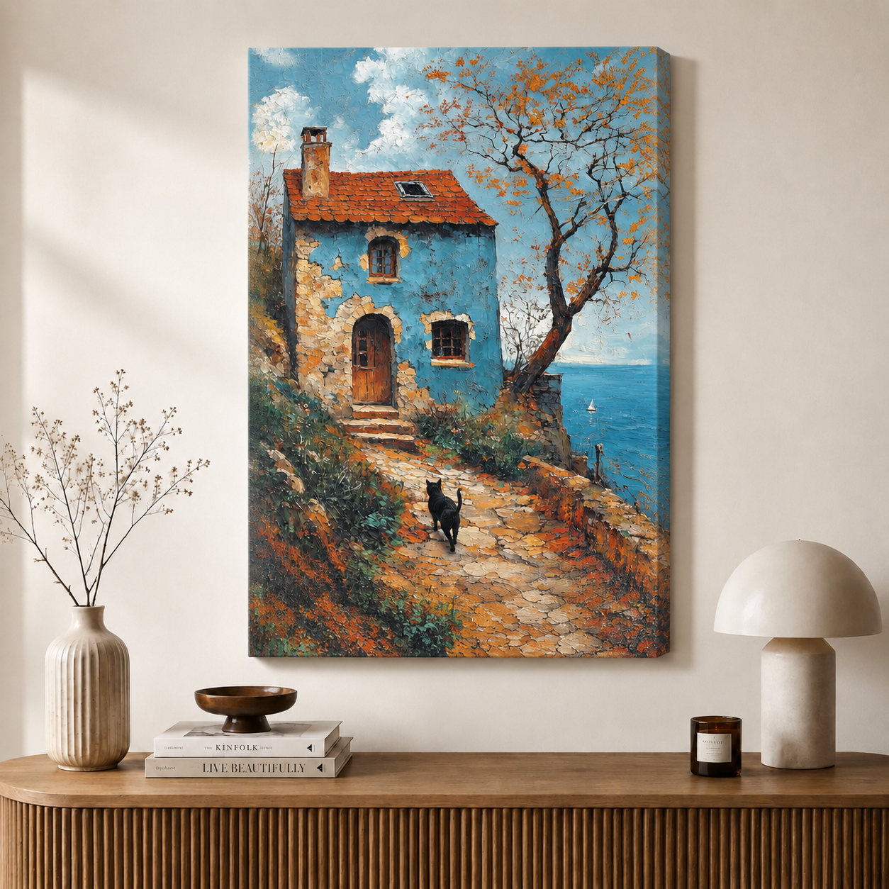 Mediterranean Cottage Black Cat Canvas Art