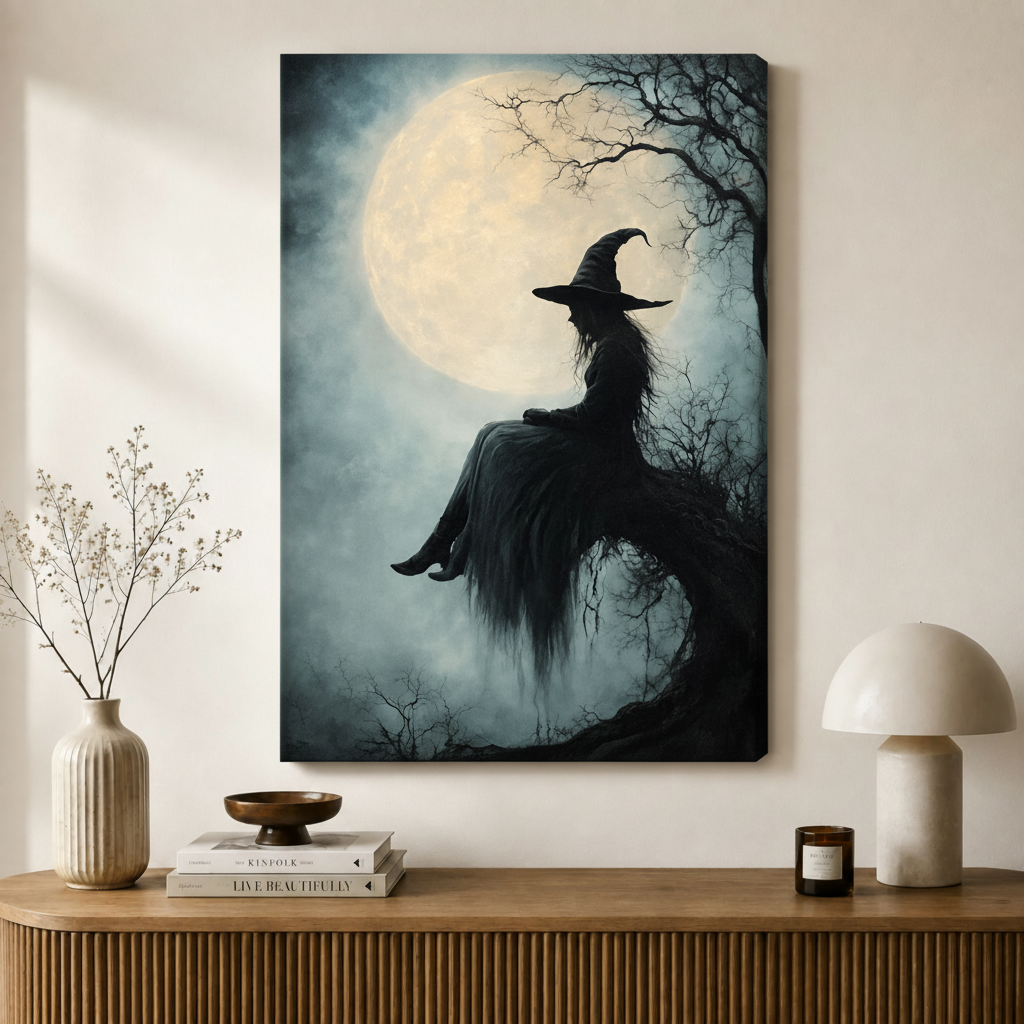Gothic Witch Full Moon Canvas Wall Art