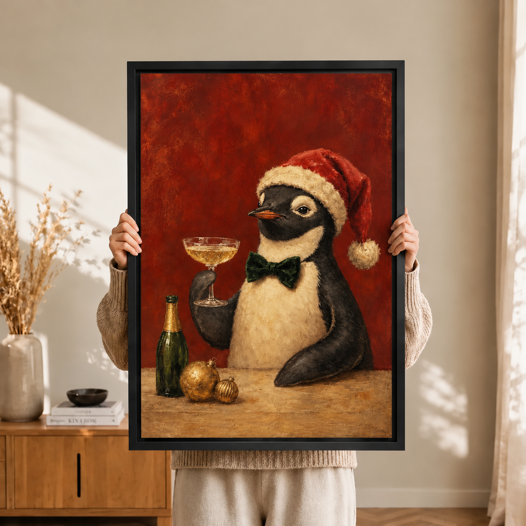 Christmas Penguin Champagne Vintage Oil Canvas Art