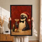 Christmas Penguin Champagne Vintage Oil Canvas Art