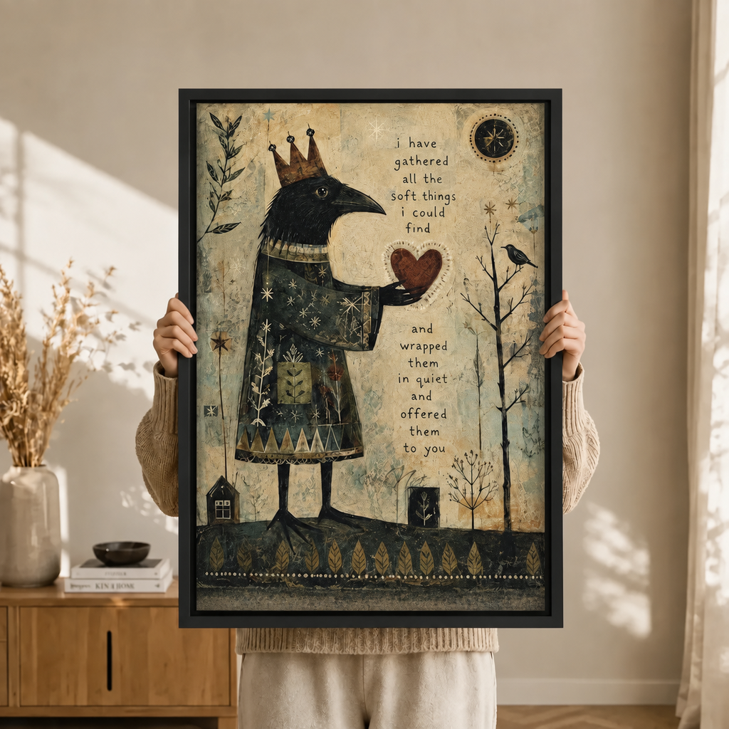 Folk Art Crown Raven Heart Canvas Wall Art