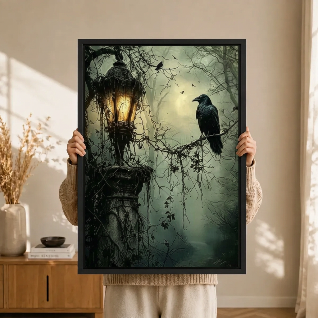 Gothic Raven Lantern Misty Forest Canvas Print