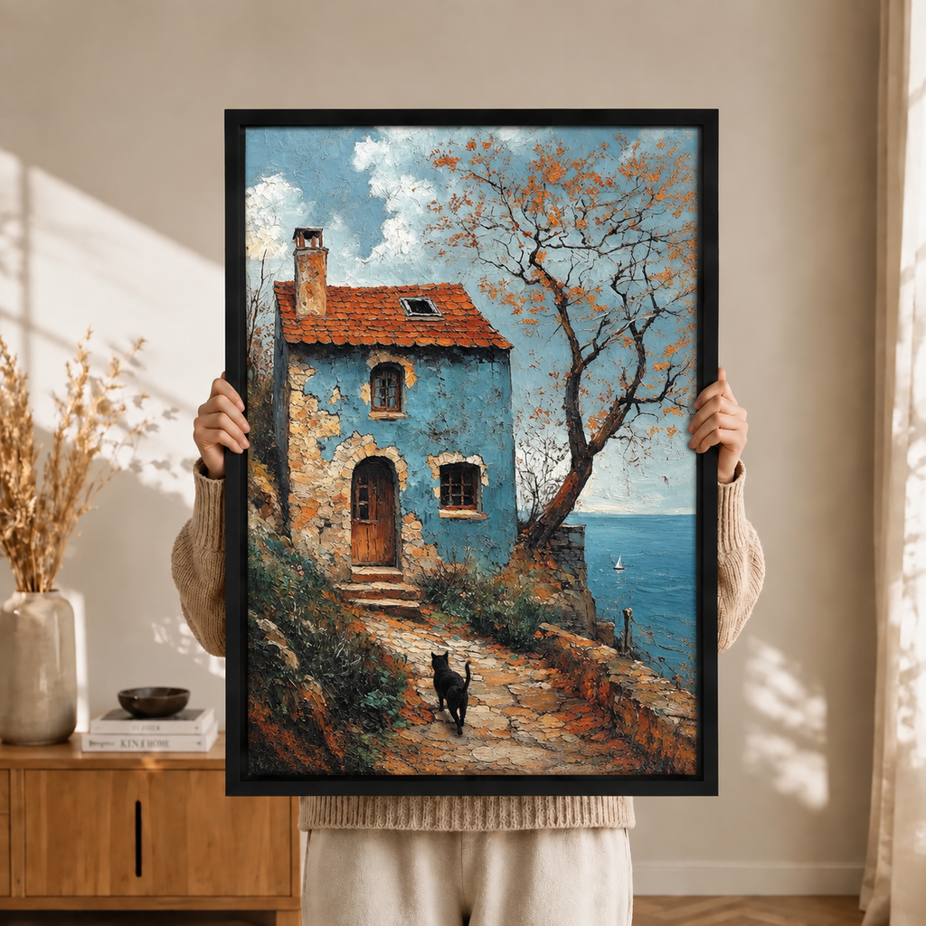 Mediterranean Cottage Black Cat Canvas Art