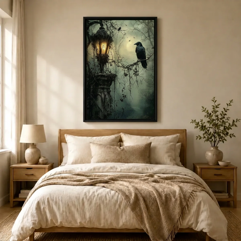 Gothic Raven Lantern Misty Forest Canvas Print