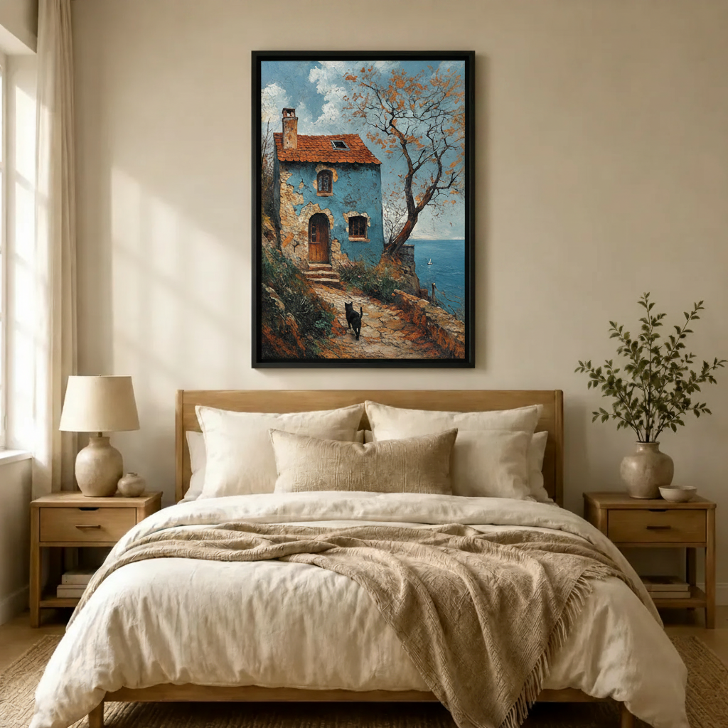 Mediterranean Cottage Black Cat Canvas Art