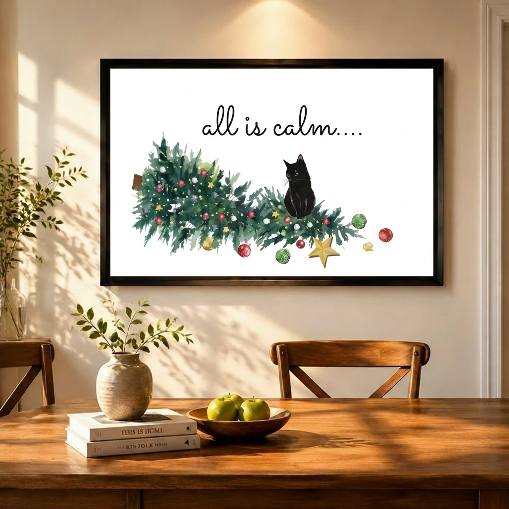 All Is Calm Black Cat Christmas Canvas