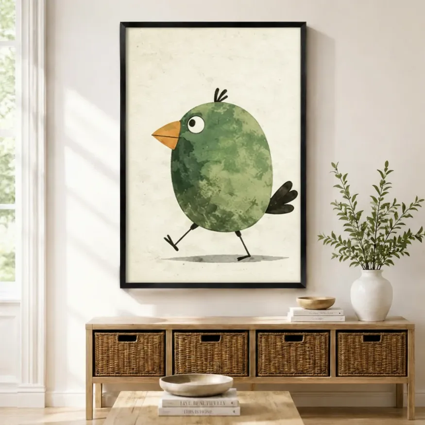 Cute Green Bird Minimalist Kids Wall Art Print