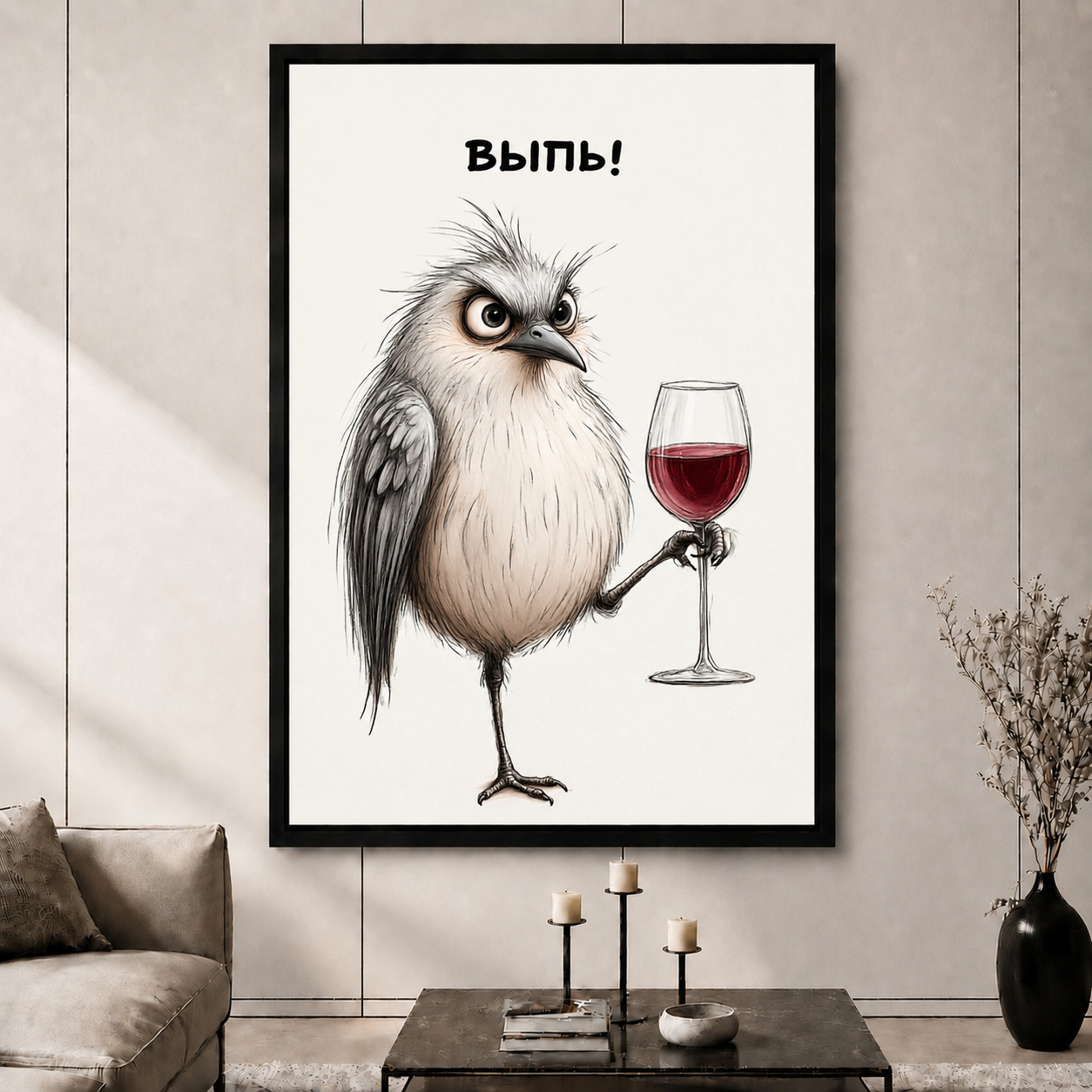 Grumpy Bird Wine Sketch Funny Canvas Print