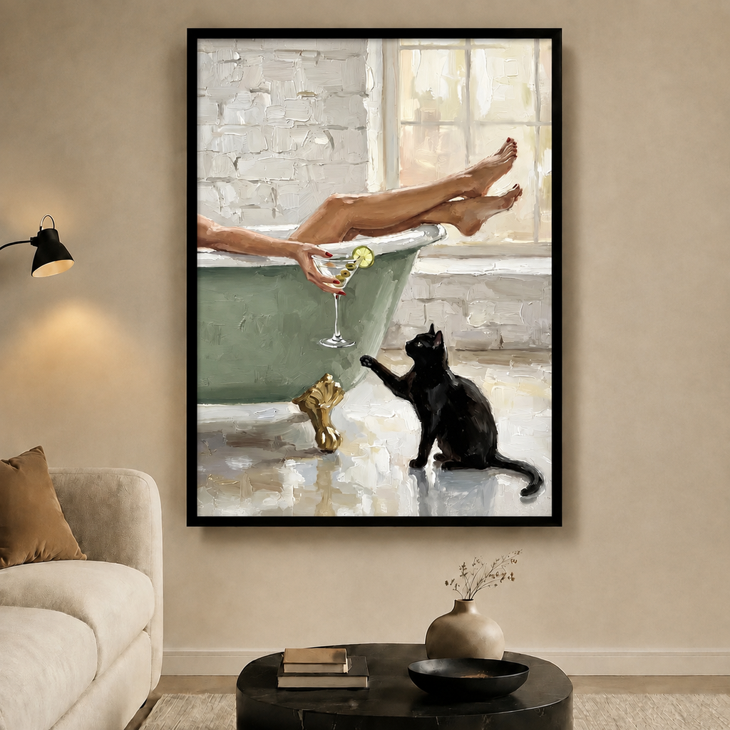 Bathtub Woman Black Cat Martini Canvas Art