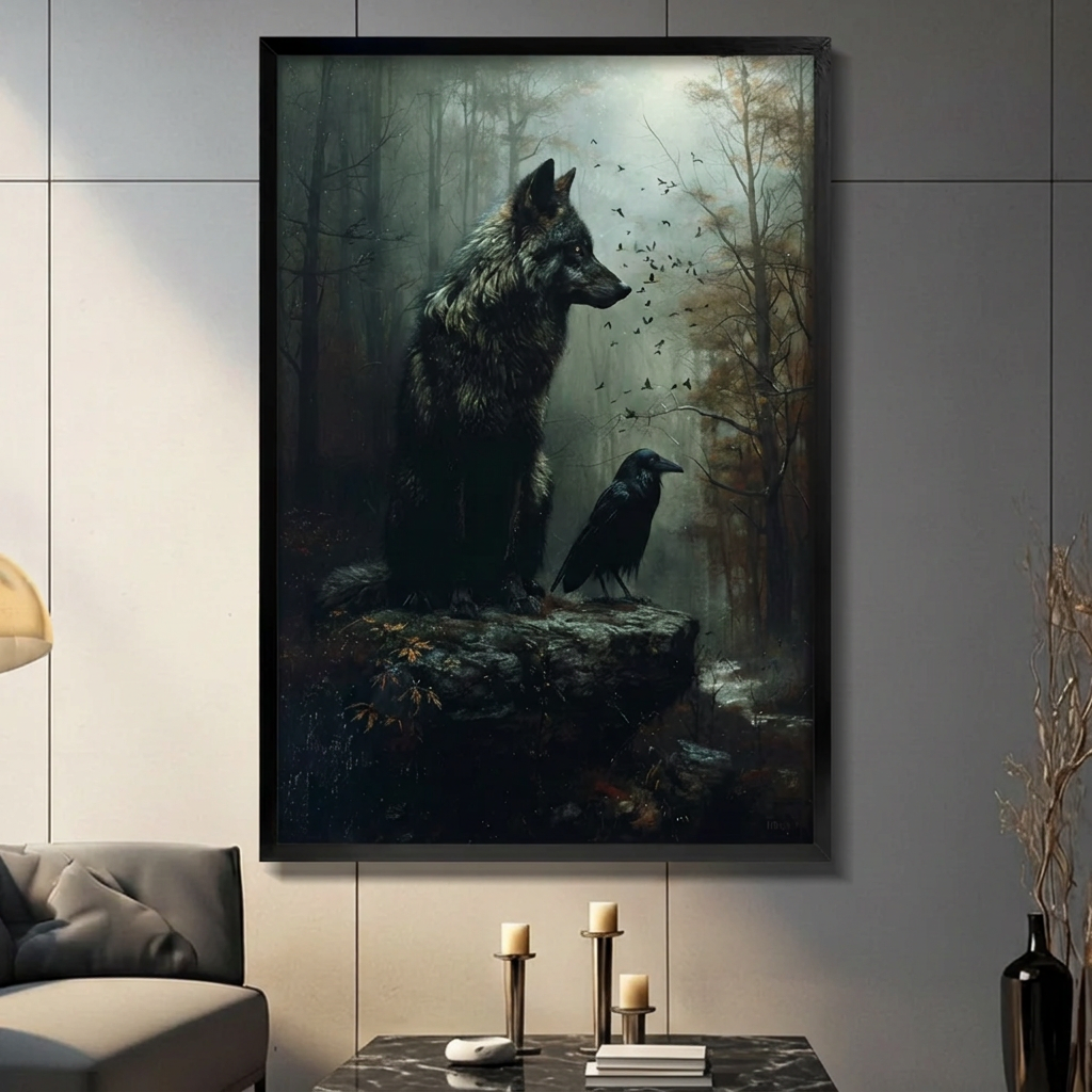 Dark Wolf Raven Mystic Forest Canvas Print