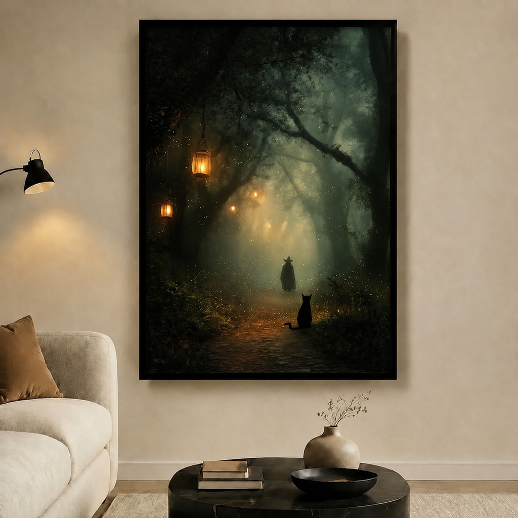 Witch & Black Cat Enchanted Forest Canvas Wall Art