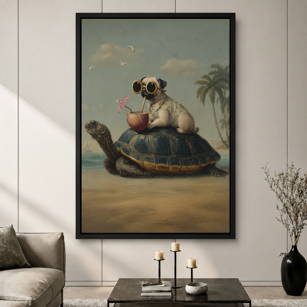 Vintage Pug on Turtle Beach Canvas Art