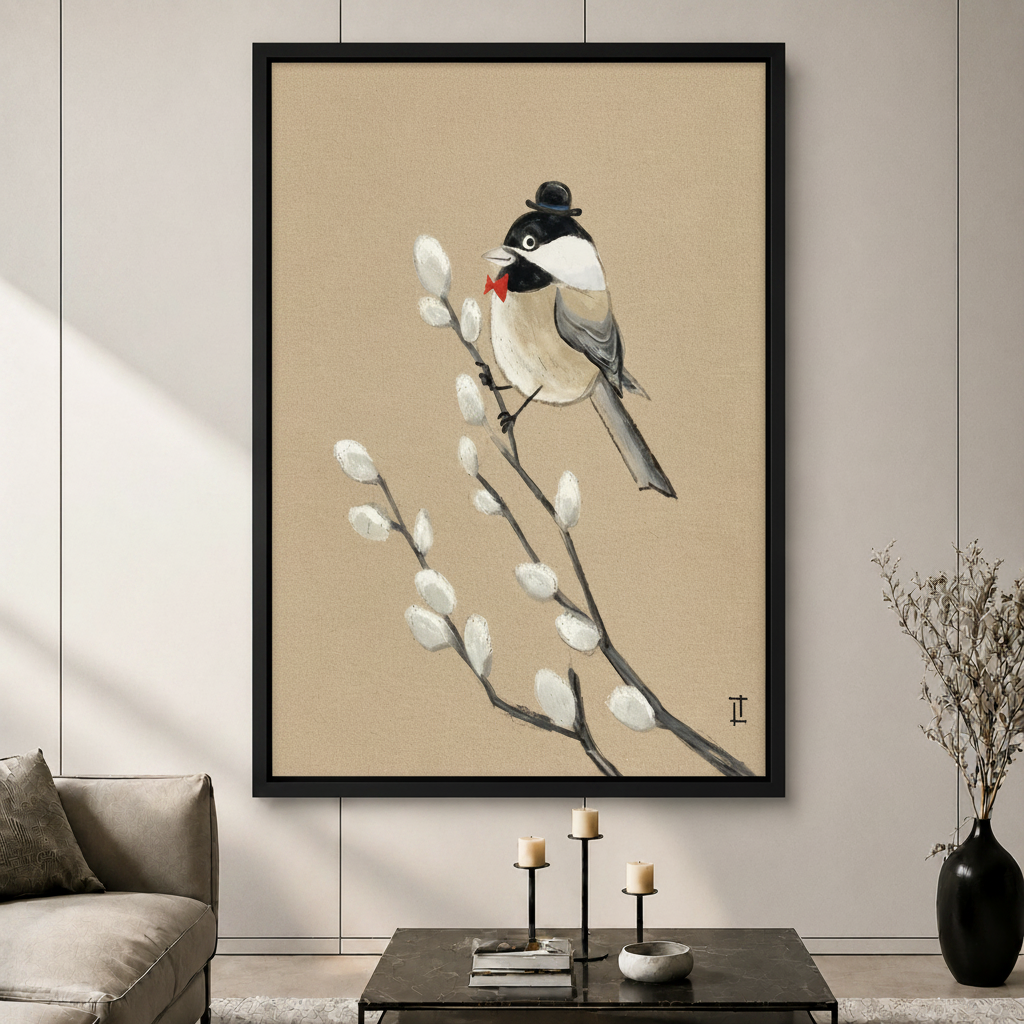 Dapper Bird Bowler Hat Whimsical Canvas Art