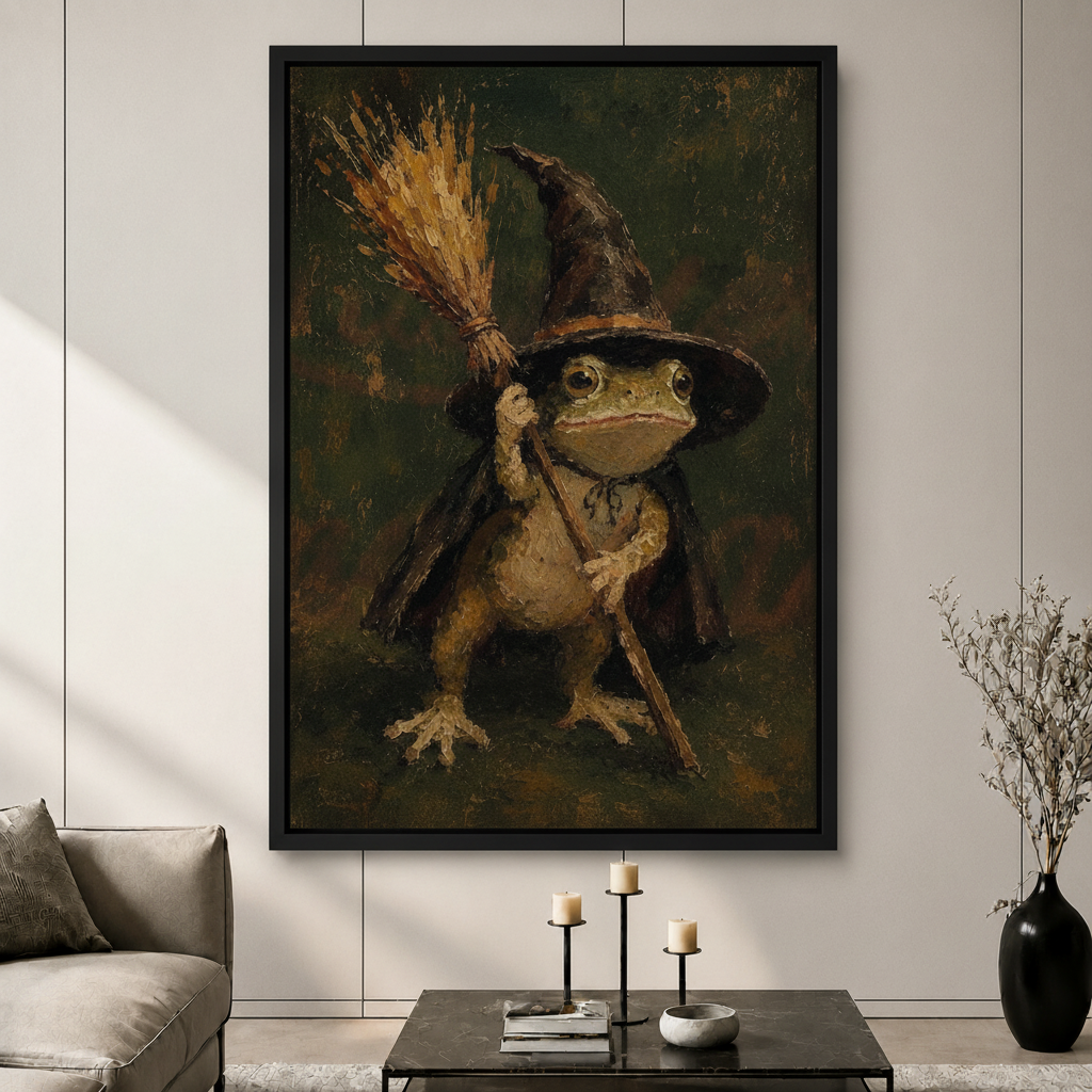 Witch Frog Broom Canvas Wall Art