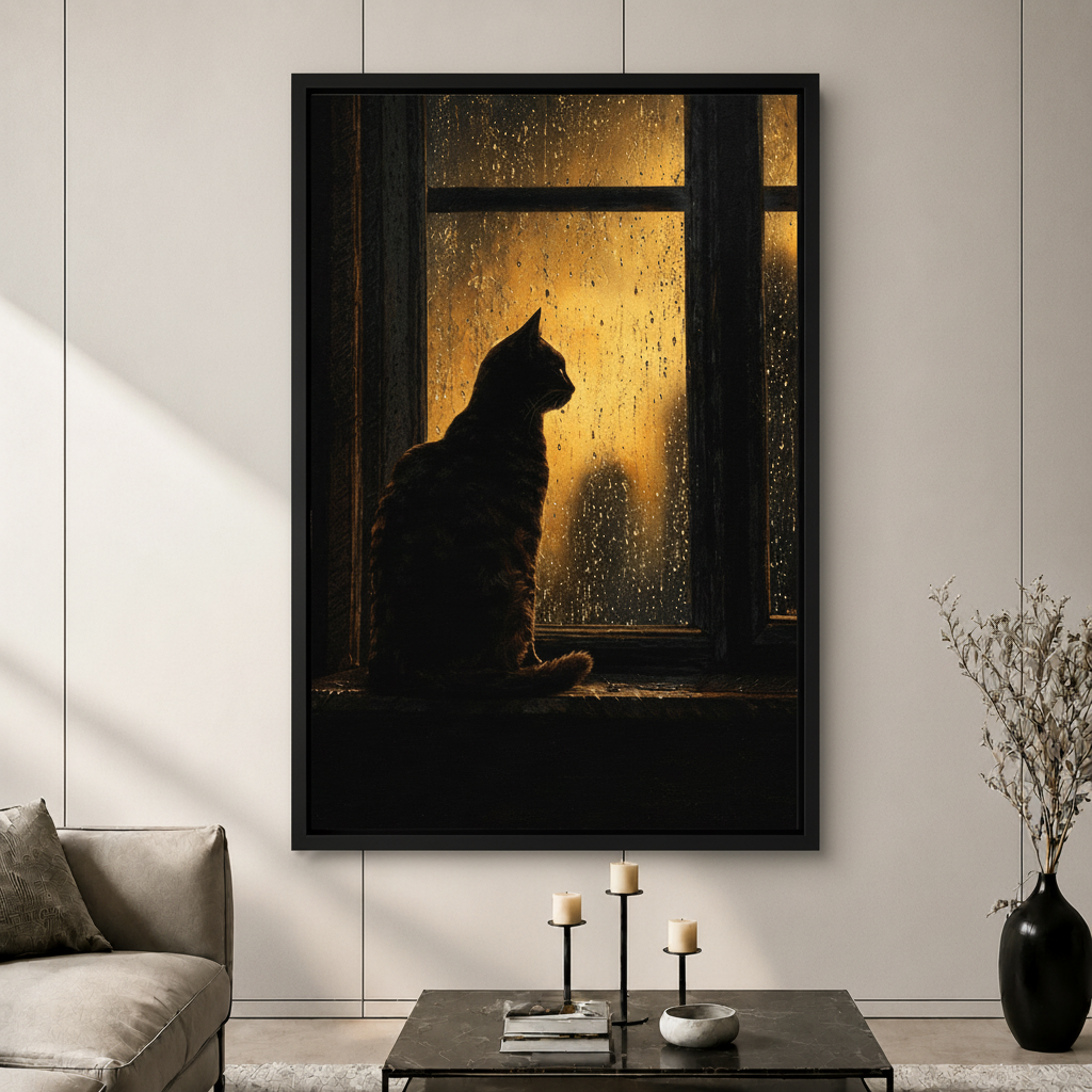 Moody Black Cat Rainy Window Canvas Art