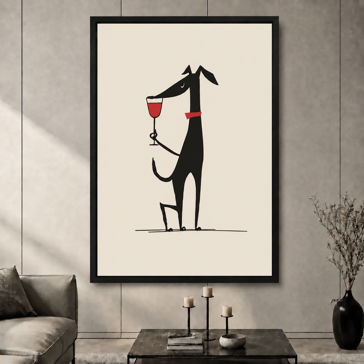 High-end abstract dog with red wine glass canvas decorative painting