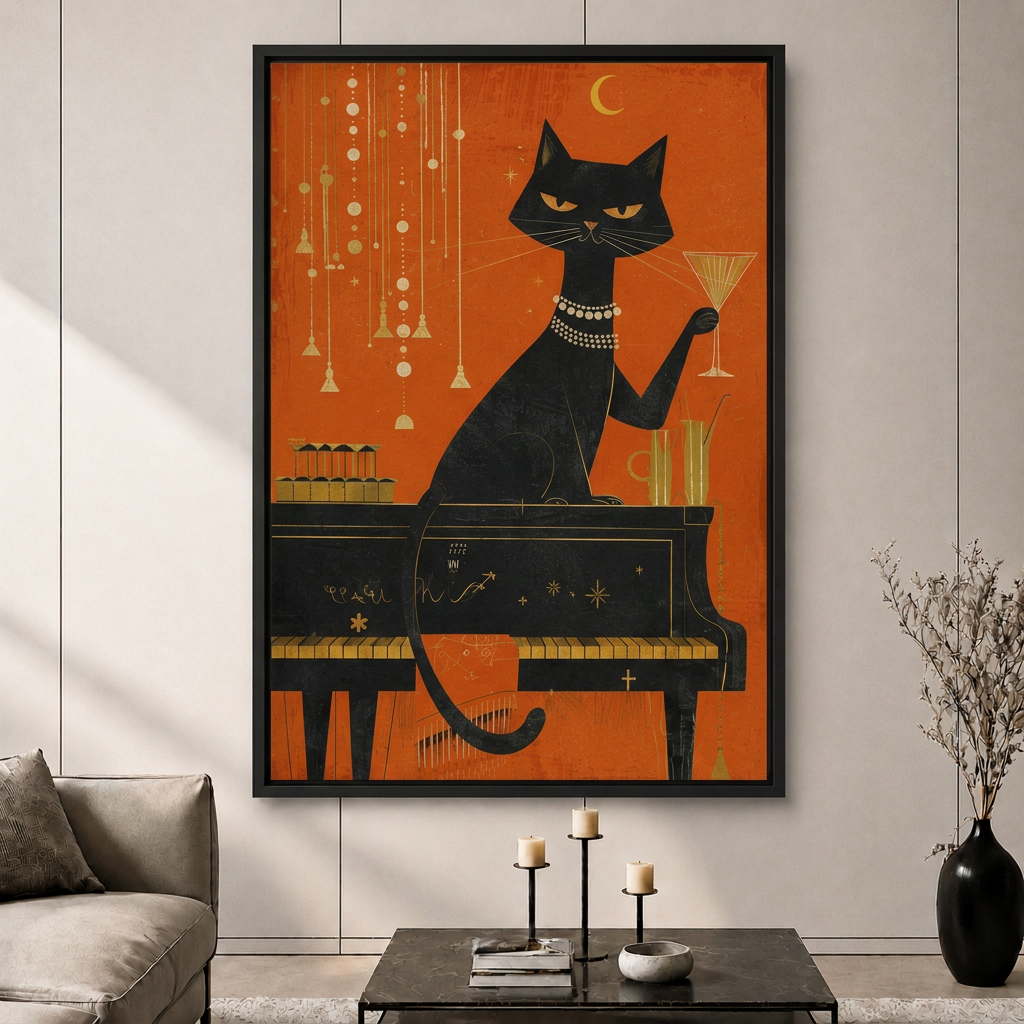 Jazz Cat Piano Martini Retro Canvas Wall Art